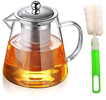 Teekanne Glas, Teekanne mit Siebeinsatz, Borosilikatglas Teeservice, Teekanne Glas mit Siebeinsatz, Teekanne mit Teesieb, klare Teekanne für losen Tee und blühenden, Spülmaschinenfest 950ML