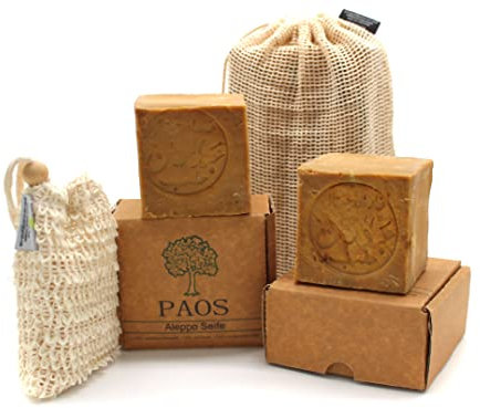 PAOS Original Aleppo Seife Set, 90% Olivenöl 10% Lorbeeröl, 2x ca. 190g inkl. Sisal Seifensäckchen + gratis Reisebeutel, Handmade, Vegan, Naturprodukt, Haarseife, Duschseife, Original Rezeptur