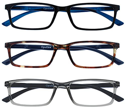 OPULIZE See-Brille Blaulichtfilter 3er Pack Schmal Rahmen Federscharniere Verbessern Den Schlaf Computerbrille Gaming Entspiegelt Schwarz Braun Grau Herren Damen BBB9-127 +0.00