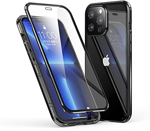 CeeEee Case para Apple iPhone 13 Pro MAX Clear Doble Cristal Templado 360 Grados Protector Funda Magnético y Metal Bumper Incorporado - Negro