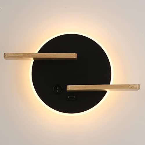 9W LED-Wandleuchte mit Ablage Holz Nachttischlampe Wandlampe mit USB-Ladeanschluss und Schalter Warmes Licht 3000K Bettlampe Moderne Innen Wandbeleuchtung für Schlafzimmer Wohnzimmer Schwarz Runde