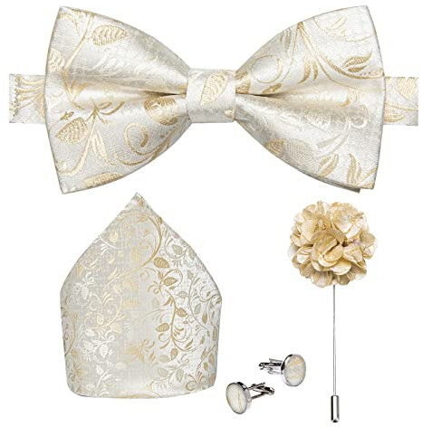 DiBanGu Vorgebundene Fliege für Herren, Seide, verstellbar, Smoking-Fliegen, Einstecktuch, Manschettenknöpfe, Set mit Anstecknadel, Jacquard, gewebt, Beige / Blumen, Einheitsgröße