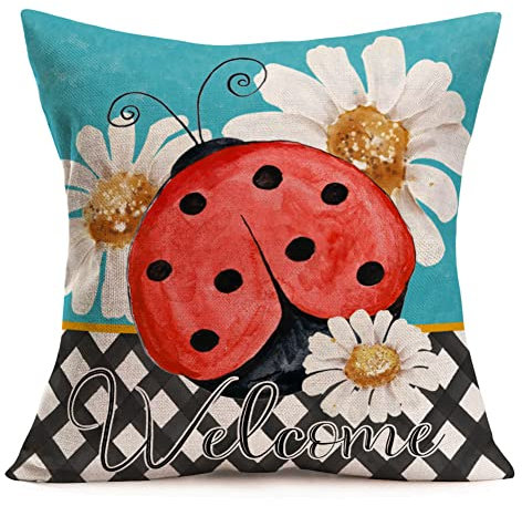 Fukeen Welcome Ladybug Daisy Flowers Pillow Covers 18x18 Inch Watercolor Painting Inseect Spring Summer Farmhouse Decorative Throw Pillow Cases Buffalo Plaids Cotton Linen Cushion Cover Blue