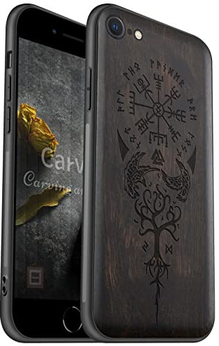Carveit für iPhone SE 2022 Handyhülle, iPhone SE 2020 Cover, iPhone 8 hülle iPhone 7 Hull [Echt Holz Back and Soft Silicone TPU Edge] Stilvolle Aussehen Hülle（Dunklesholz-Wikingerkompass Vegvisir）