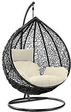 Rattan Swing Egg Chair Hanging Garden Hammock with Cushions & Stand Outdoor Indoor Furniture (Black Egg Chair & White Cushion)