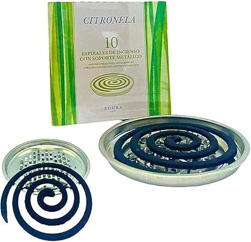 CERAS ROURA Incenso citronella anti-zanzare, a spirale anti-zanzare, per interni ed esterni, giardino e campeggio (10 unità) più supporto metallico