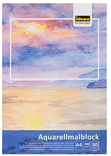 Idena 68162 - Bloc Aquarelle A4 avec 30 Feuilles de Papier crème épais de 300g/qm, Bloc à Dessin pour Aquarelle & Peinture à l'eau