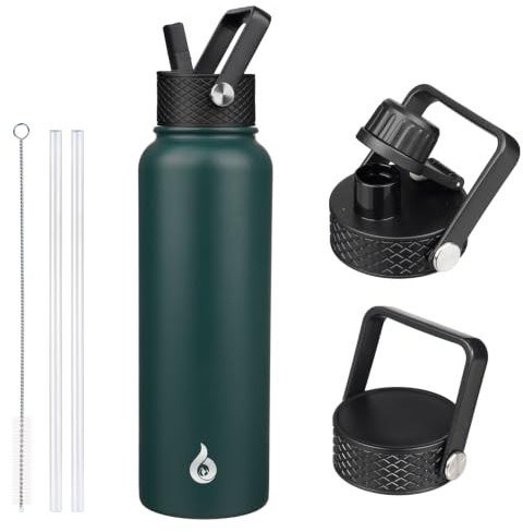 BJPKPK Insulated Water Bottles with Straw Lid, 1.2L Stainless Steel Metal Water Bottle with 3 Lids, Reusable Thermos, Keep Cold Hot for Sports, Gym-Army Green