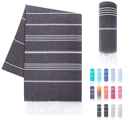 LAYNENBURG Premium Hamamtuch mit handgeknüpften Fransen - 100% Baumwolle - Strandtuch 95x180 cm - Oeko-TEX 100 - Strandhandtuch groß - Saunatuch & Reisehandtuch (Anthrazit)