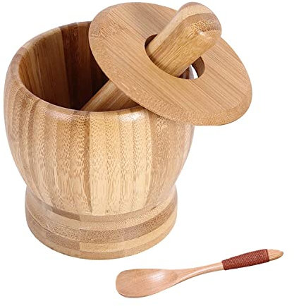 Mortar and Pestle Set with Lid and Spoon, 100% Natura Bamboo Spice Grinder, Crush, Press, Mash Spices, Herbs, Garlic, Pepper, Guacamole, Nuts, Fruit, 4.6 inch Mortar and Pestle Set Bowl for Kitchen