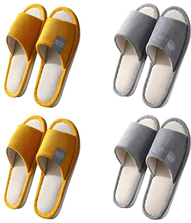 Teceyfeet Unisex Gästehausschuhe Set, 4 Paar Pantoffeln Linen Hausschuhe | Waschbar Pantoffeln Hausschuhe offener Zeh Antirutsch Atmungsaktiv Hochwertige Bequem Pantoffeln Baumwolle und Leinen