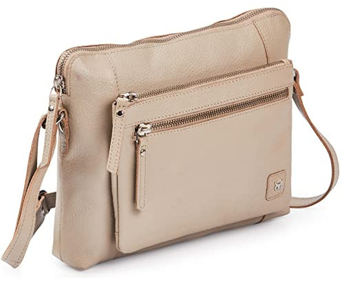 Wise Owl Kleine Umhängetasche – Weiches, genarbtes Echtleder, Dreifach-Reißverschluss, Premium Sling-Schultertasche für Damen – Beige Nappa
