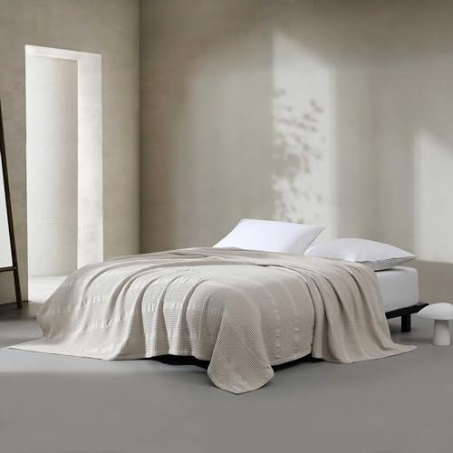 Calvin Klein Queen-Size-Decke, weiche Baumwolle, Heimdekoration, Waffelgewebe (Hellbeige, Queen-Size-Bett)