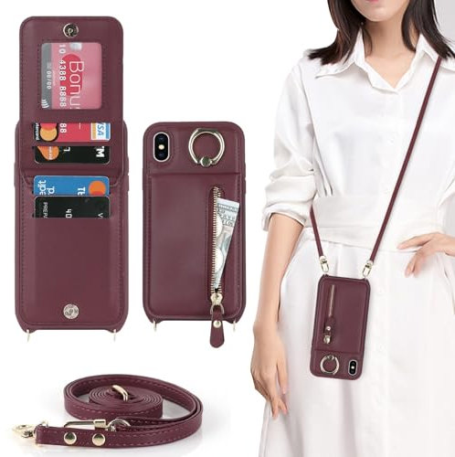 Zouzt for iPhone X/XS Case with Cord and Card Holde, Zipper Wallet Case with Crossbody Lanyard Ring Adjustable Necklace Protective Cover Women for iPhone X/XS 5.8 Inch - Burgundy