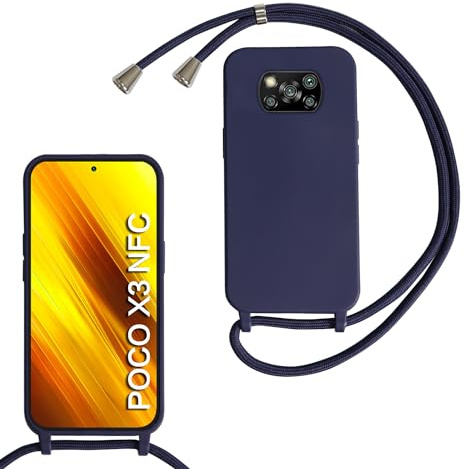 Beajew Funda para Xiaomi Poco X3 NFC/Poco X3/Poco X3 Pro con Cuerda, Silicona Líquida Carcasa con Cordón Correa Colgante Ajustable Collar Correa Teléfono Case Cover, Azul Oscuro