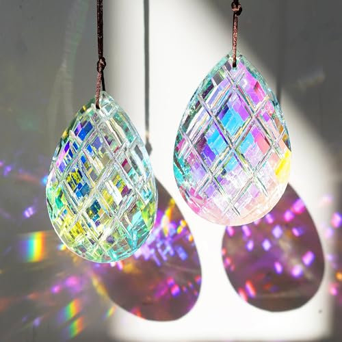 HDCRYSTALGIFTS Kristall-Sonnenfänger-Prismen, Anhänger für Fenster, Hängedekoration, 7,6 cm, AB-farbige Kristall-Sonnenfänger, Regenbogen-Maker, Lichtfänger für Zuhause, Innenbereich, Garten, Ornament