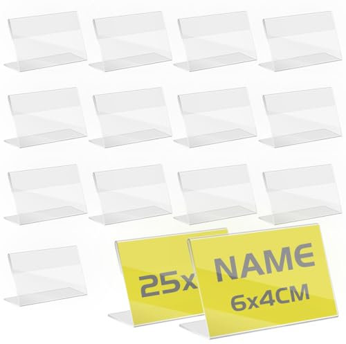 TAPKUA 25 Stück Acryl Etikettenhalter, 6x4 cm Transparenter Kleiner Preisschild-Präsentationsständer für kleine Karten und Preisschilder auf Papier