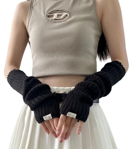 Armstulpen für lange Ärmel, fingerlos, Y2K, cooles Mädchen, warm, schwarz, weiß, Gothic, Skateboard, Punk, Hip-Hop, gestrickt, Schwarz, Regulär
