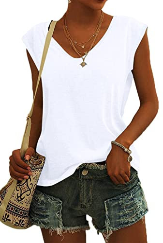 NARRAME Camiseta de Mujer con Cuello en V y Manga Casquillo, Blusas Casuales de Verano para Mujer Liso Blanco X-Large XL 46-48