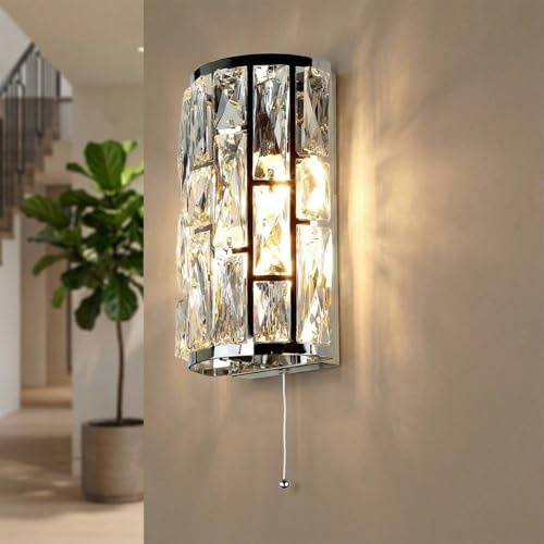 Licht-Erlebnisse Wandleuchte mit Schalter H: 27 cm klein Kristall 2-flammig E14 Klar Chrom Jugendstil Art Déco Wandlampe Wohnzimmer