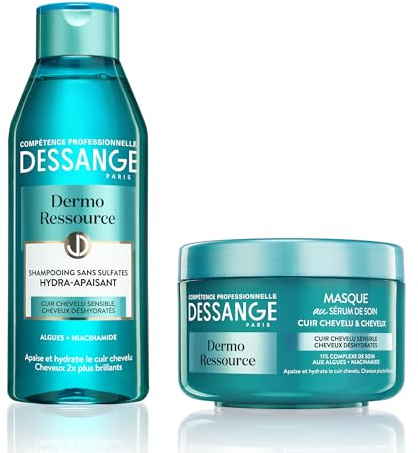 DESSANGE - Set Dermo Ressource – Shampoo + feuchtigkeitsspendende Maske – Formel angereichert mit Algen & Niacinamid – Beruhigt & Feuchtigkeit – für empfindliches Haar & trockenes Haar – 2 x 250 ml