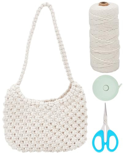 WEBEEDY Makramee-Taschen-Set zum Selbermachen, Makramee-Schultertaschen-Bastelset, weiß, handgewebt, Handtasche, Boho-Makramee-Achseltaschen-Set mit Baumwollkordel und Anleitung für Erwachsene,