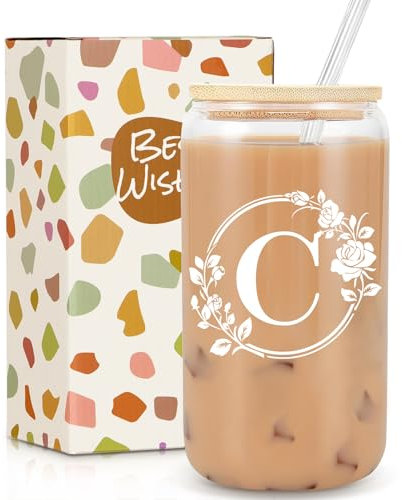 Gifts for Women, Birthday Gifts for Women, Personalised Monogrammed Gift, 16oz Initial Glass Cup with Lids Straws, Personalised Custom Cute Glass Cup for Mom, Teachers, Friends, Initial C