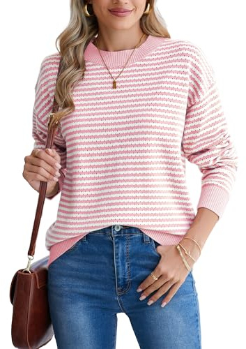 Famulily Damen Langarm Casual Gestreifte Pullover Farbblock Loose Fitted Pullover Tops (XL, Rosa)