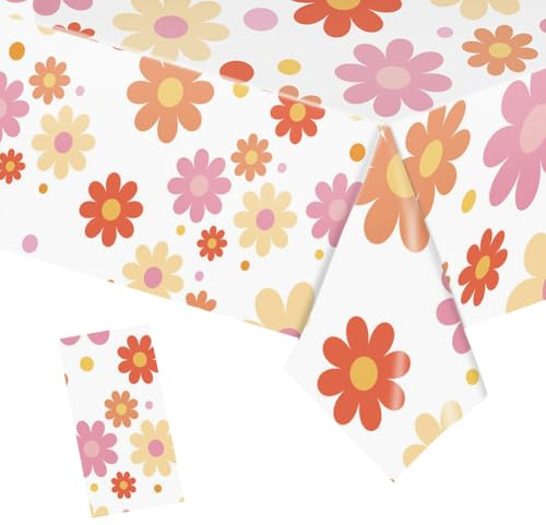 2 Stück 274 x 137 cm Gänseblümchen Tischdecke Boho Blume Tischdecke Retro Hippie Tischdecke Rosa Orange Gelb Picknick-Tischdecken Brautdusche Tischdecken