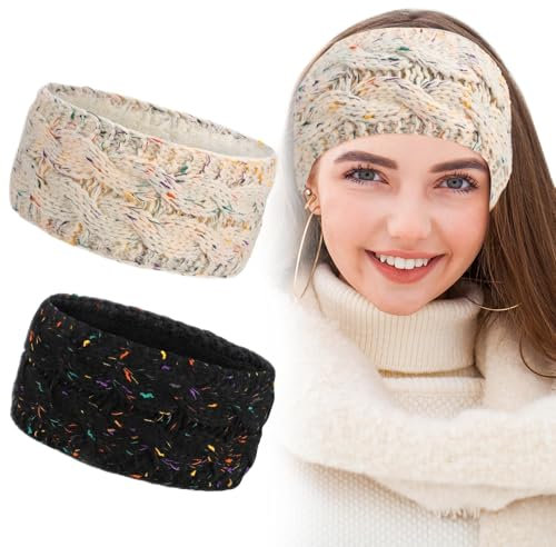GSrenyu 2 Pcs Knitted Headband Women Winter Headbands Cable Knit Headband Knitted Ear Warmer Headband Knit Headband for Women Thermal Headbands Winter for Women Girls Outdoor Sport(Beige, Black)