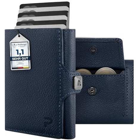 PURISTO KLIK Classic Slim Wallet mit Münzfach - Mini-Geldbörse für Herren aus Echtleder - Kleines Kartenetui mit RFID-Schutz für 10-14 Karten - Dunkelblau