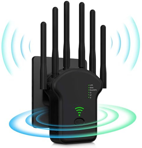 Repetidor WiFi,Amplificador señal WiFi Potente,6 Antenas,2 Puertos LAN,Cobertura Total de 360°,Cobertura de hasta 11800Sq.Ft,repetidor WiFi Largo Alcanc,para oficinas y hogares,Easy Set up (Negro)