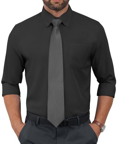 Incfott Stretch Dress Shirts Mens Long Sleeve Collar Formal Business Fit Button Down Shirt for Men Work Wedding Black