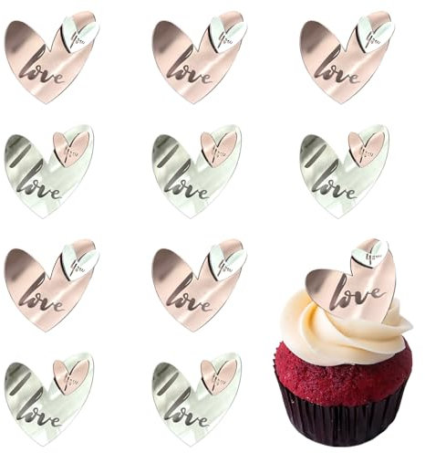 10 Pcs Acrylic Love Heart Cupcake Toppers Mirror Engraved I Love You Acrylic Heart Cake Topper for Valentine's Day Wedding Birthday Party Cupcake Decorations Supplies