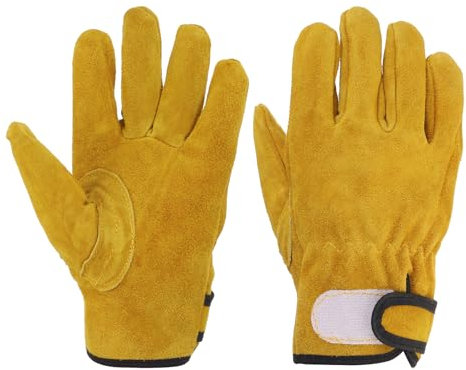 sourcing map Leather Work Gloves with Hook and Loop, Cowhide Working Gloves Garden Glove for Driving, Gardening, Welding, Construction, Golden-Yellow-XL, Pair of 2