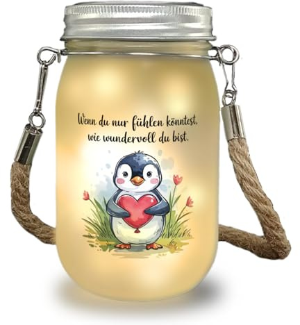speecheese Pinguin mit Herzballon Solarlicht - Du bist wundervoll Aquarell-Zeichnung eines Pinguins mit herzförmigem Luftballon deutscher Text Solarlicht
