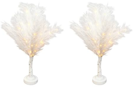 SHATCHI 2Pcs - 70cm White Feather Tree Table Lamp Warm White LEDs Lighted Pampas Tree – Battery-Operated Decorative Night Light for Christmas, Home, Events, Holiday Decorations