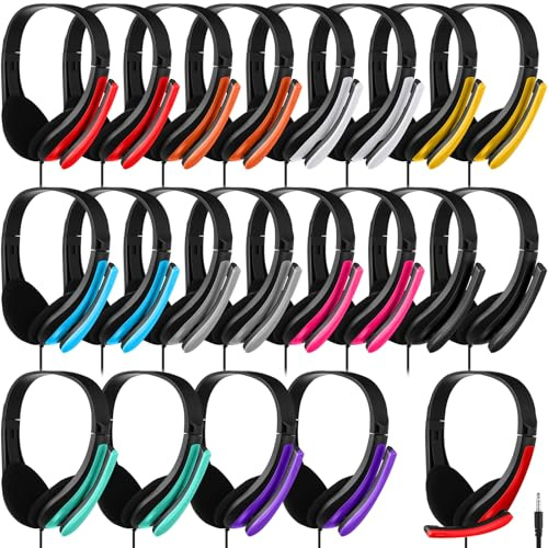 Yunsailing Paquete de 20 auriculares a granel con micrófono, para estudiantes, niños, con cable, para escuela, biblioteca, computadora, oficina, adultos, enchufe universal de 3.5 (multicolor)