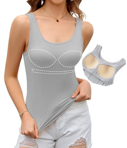 Livonmone Damen Sommer Tank Top Unterhemd Integriertem BH Ärmellose Yoga Workout Oberteil Hellgrau L