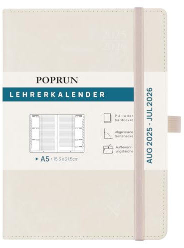 POPRUN Lehrerkalender 2025 2026 DIN A5 - Lehrerplaner 25/26 für die Unterrichtsvorbereitung mit Monatliches Register. Schulplaner mit PU-Leder Hardcover für Lehrerinnen und Lehrer - Beige