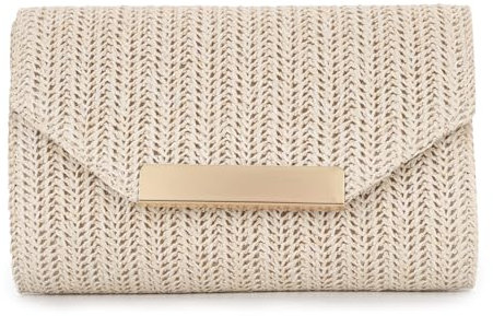 Ynport Crefreak Damen Strohgeflochtene Clutch – Raffia Rattan Abendtasche, Strandhandtasche für Hochzeit, Urlaub, Reisen & Partys, Beige