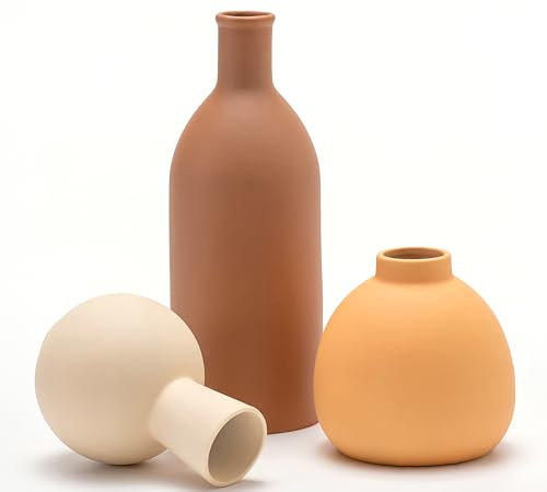 VASETOPIA Keramik Vasen 3 Stück- Gerade, Ovale, Runde Matte, Minimalist Rustikale Home Decor für Pampas Grass (Orange/Braun/Beige)