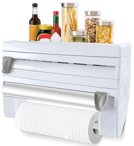 Frischhaltefolienspender, 3 in 1 Multifunktional Alufolienspender und Frischhalte Platz Sparen, Küchenrollenhalter Wand Tragfähigkeit 3 kg, Wandrollenhalter Küche Geeignet für Küche, esszimmer
