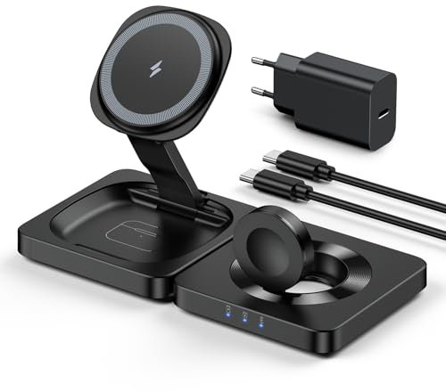 3 in 1 Faltbar Ladegerät, Induktive Kabelloses Ladestation für iPhone 17/16/15/14/13/12 Plus/Pro Max,Wireless Charger für Apple Watch 10/9/8/7/6/5/4/3/2 SE Ultra,AirPods 3 2 Pro (mit Adapter)