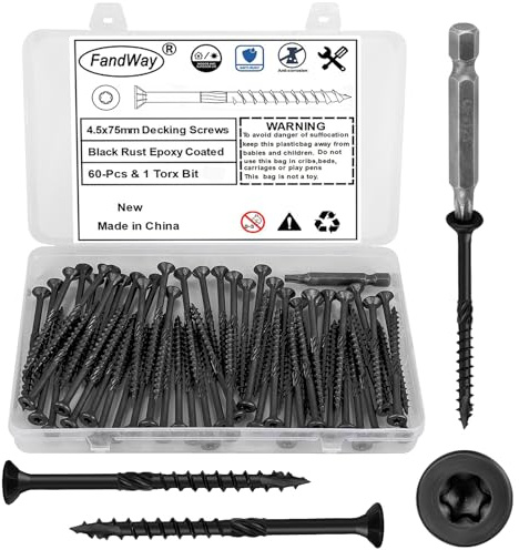 FandWay 60 Stück Holzschrauben Torx 4,5 x 75 mm Spanplattenschrauben Schwarz Epoxid,Senkkopfschrauben, Dachkonstruktion Schrauben,Terrassenschrauben,Universalschrauben mit T25 Torx-Antrieb.