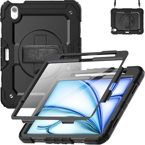 Hülle für iPad Air 11 Zoll M4/M3/M2 (2026/2025/2024), 360° Drehbarer Ständer und Handschlaufe, Schultergurt, Stifthalter (Schwarz)