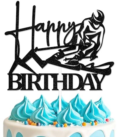 SJcysrilla SKiing Happy Birthday Cake Topper Winter Skiing Birthday Party Decorations Sports Themed Party Cake Decor Sign Black Glitter