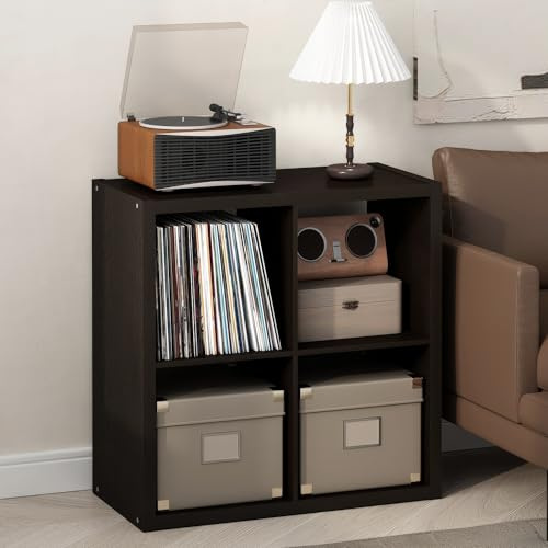 Furinno CUBICLE Record Player Stand with Vinyl Storage, 4-Cube 3 cm Extra Thick Vinyl Record Storage, Open Back Media Shelf for CD DVD Blueray Game Disc, for Living Room, Home Office, Black Dark Oak
