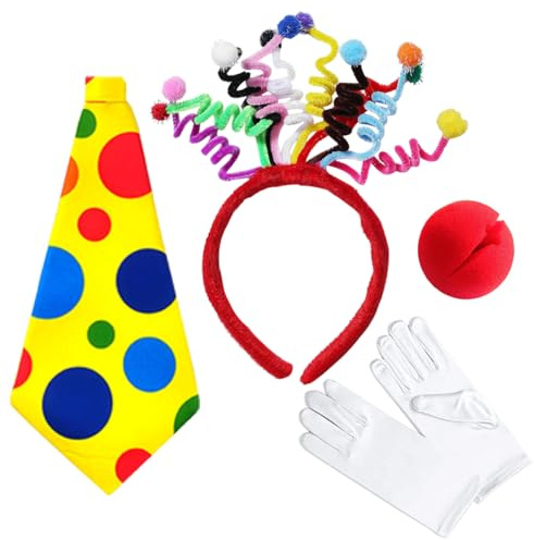 XINDY Clown Kostüm Zubehör, Clown Haarreif + Clownsnase + Bunte Krawatte + Weiße Handschuhe, Halloween Karneval Kostüme Faschingskostüme Damen Herren