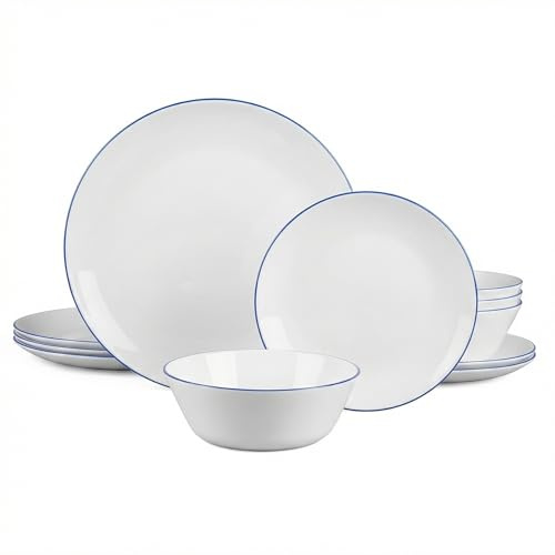 LaGlint 12 Teilig Set Tafelservice 4 Personen, Weiß mit Blauer Umrandung Opalglas Geschirrset, Beinhaltet Müslischalen, Dessertteller und Speiseteller